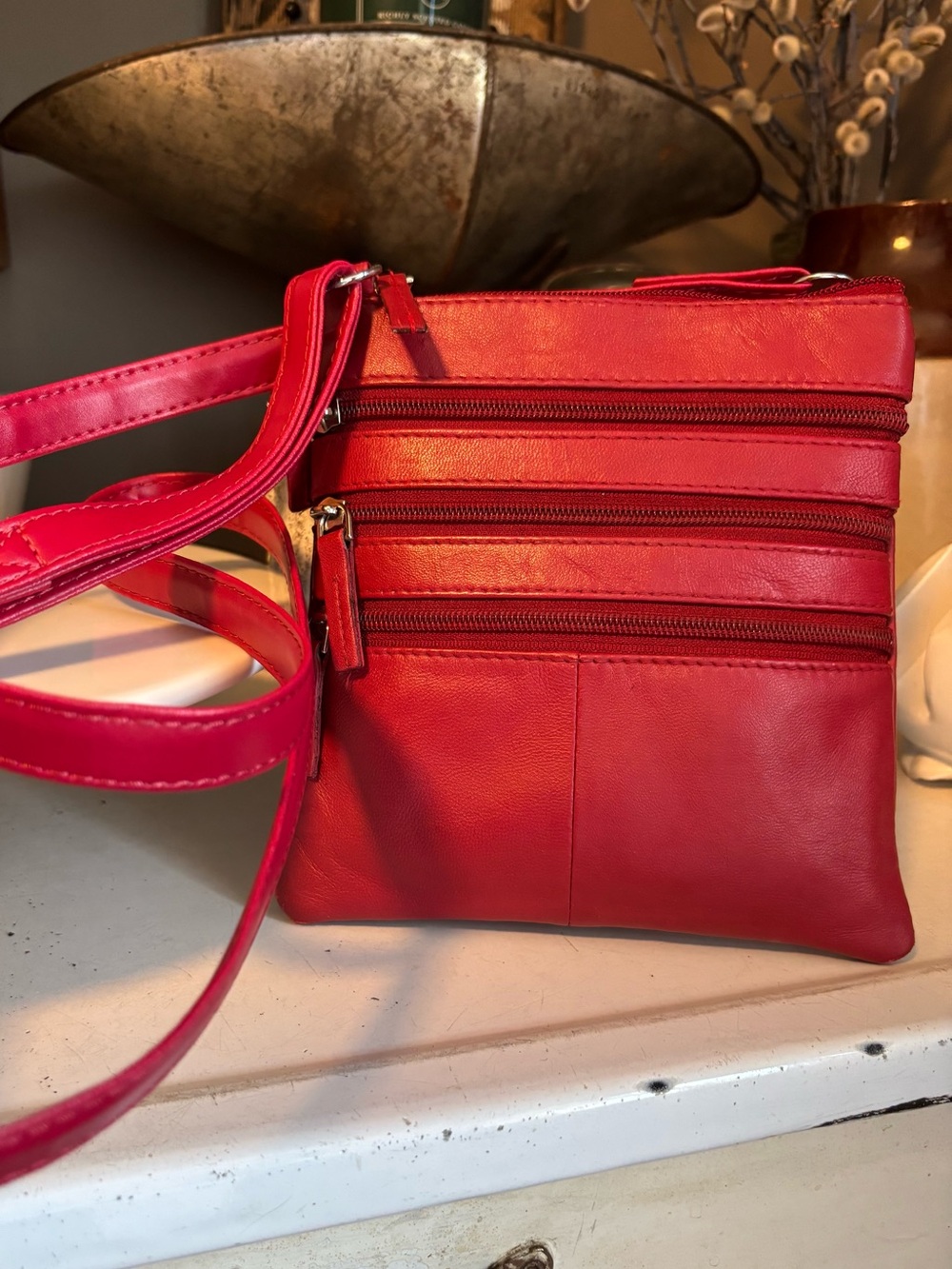 Genuine Leather Red Crossbody Bag